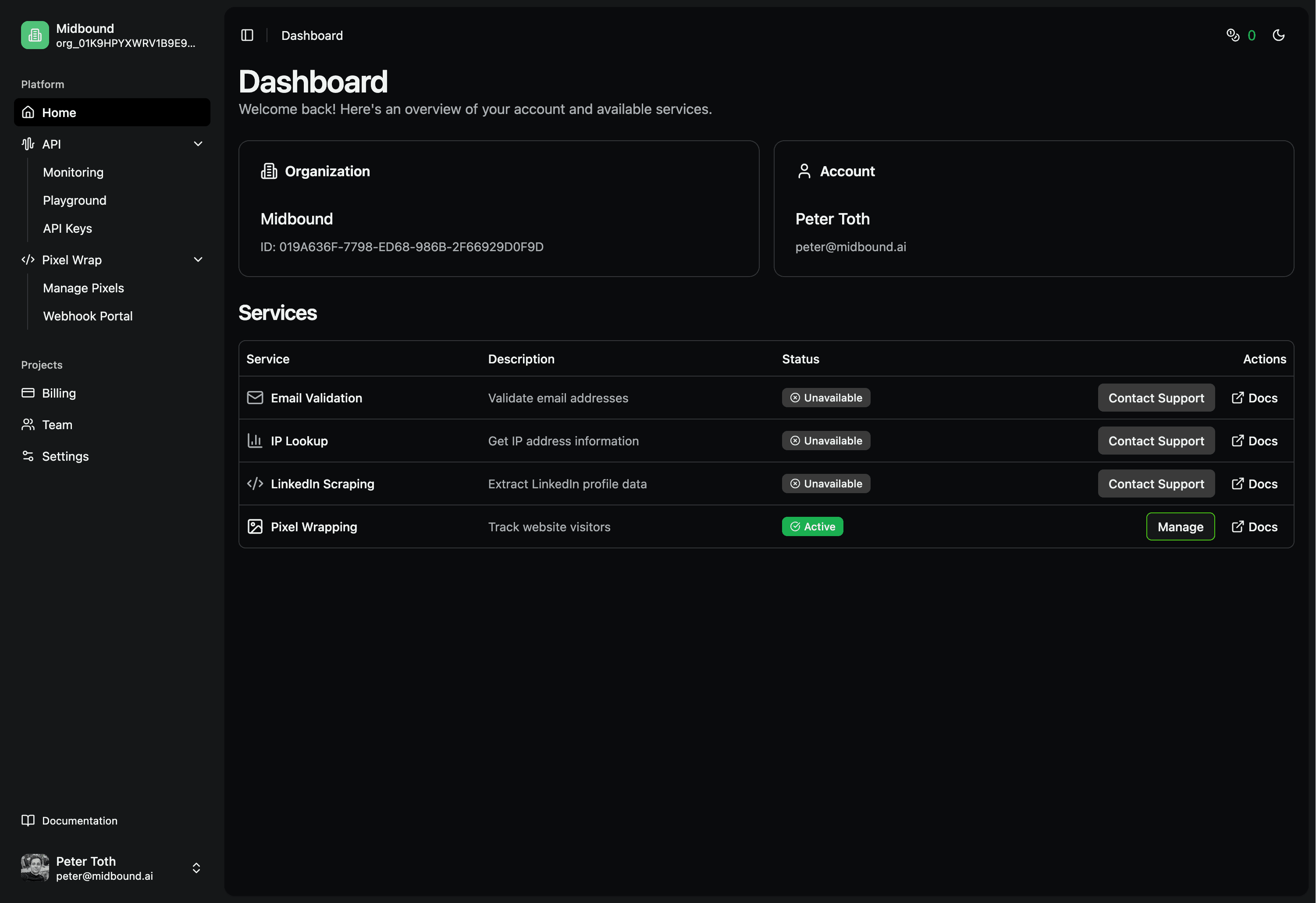 Midbound Cloud Dashboard
