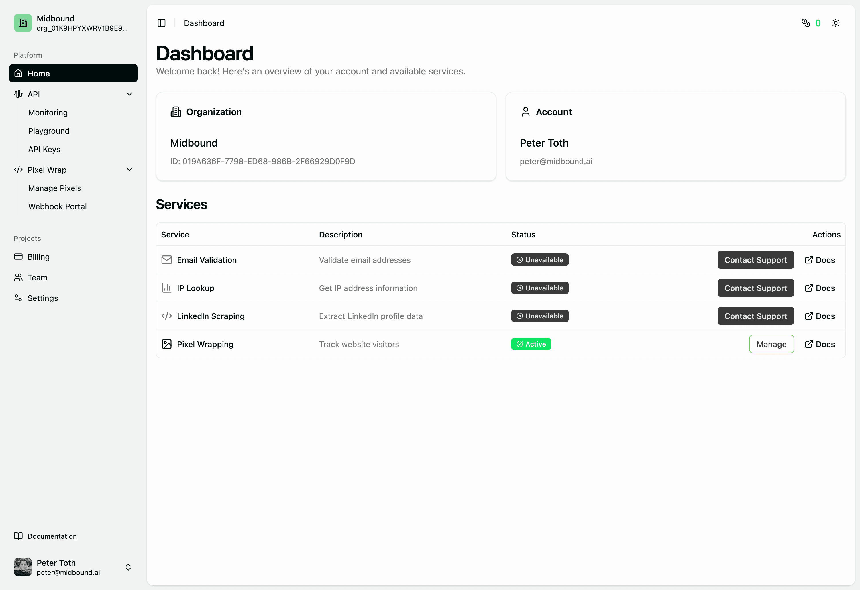 Midbound Cloud Dashboard